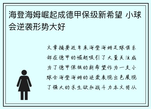 海登海姆崛起成德甲保级新希望 小球会逆袭形势大好 海登海姆崛起成德甲保级新希望 小球会逆袭形势大好